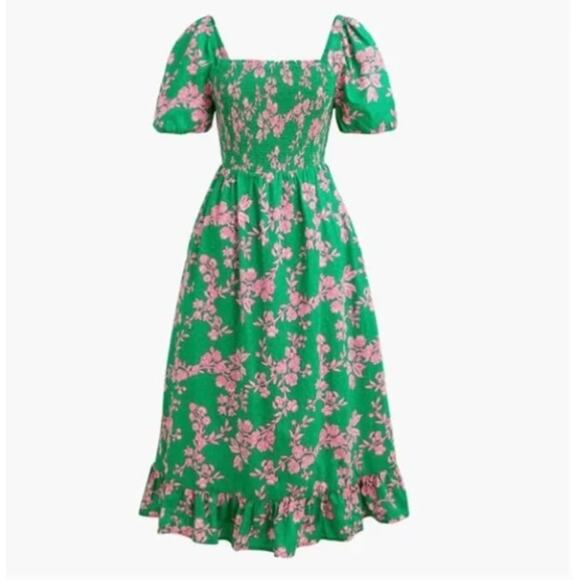 J. CREW Smocked Midi Dress Puff Sleeves Green Pink Floral Sz L {RR22} - Picture 3 of 8